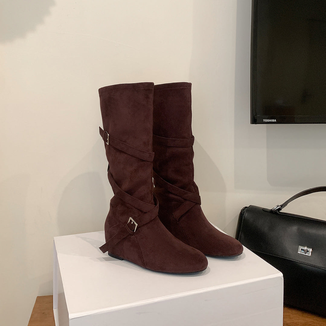 Damen Kniehohe Velourslederstiefel mit Wickelriemen und flachem Keilabsatz Shop Nory