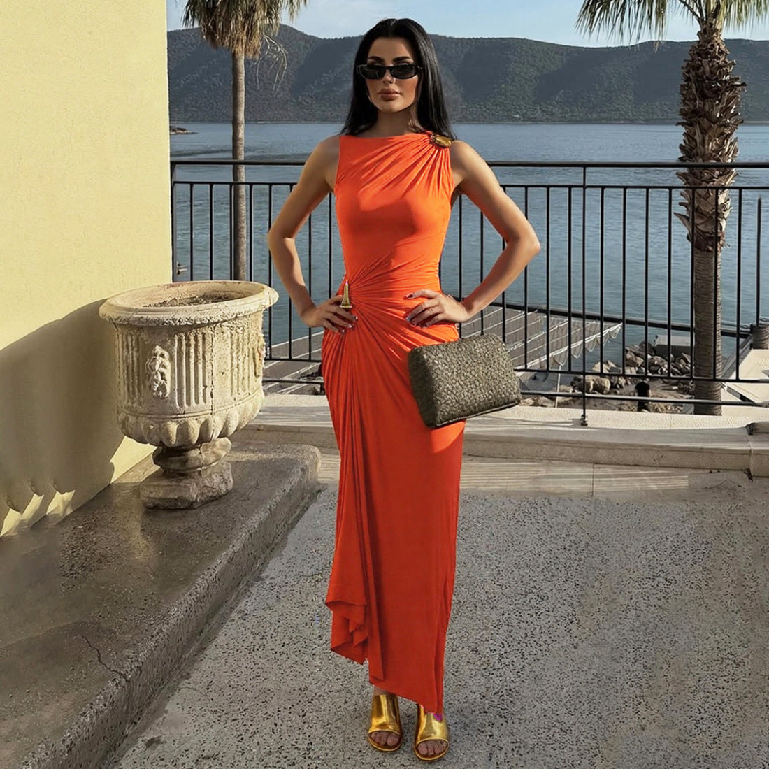 Damen Elegantes Maxikleid mit asymmetrischem Design und drapierter Taille
