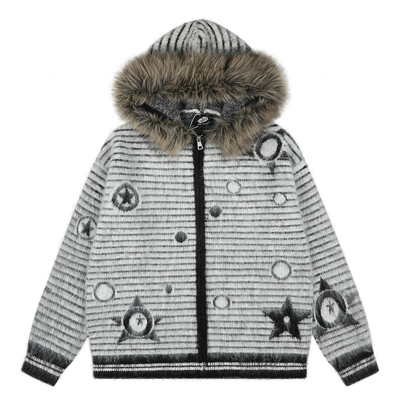Damen Kapuzen-Strickjacke mit Fellbesatz, gestreifter Mohair‑Optik und Sternapplikationen Shop Nory