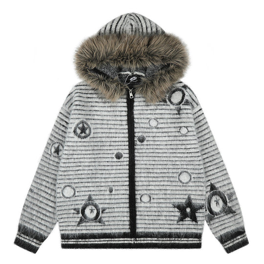 Damen Kapuzen-Strickjacke mit Fellbesatz, gestreifter Mohair‑Optik und Sternapplikationen Shop Nory