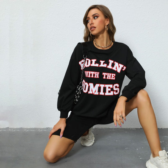 Damen Oversize College-Sweatshirt mit großem Frontprint, Rundhals & geripptem Saum Shop Nory