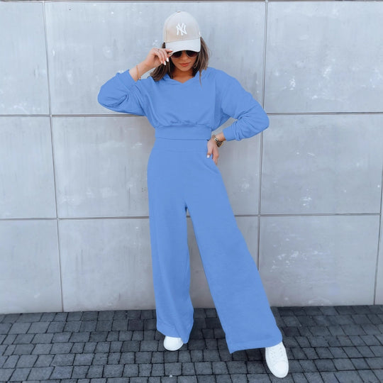 Damen Loungewear-Set mit Cropped V‑Ausschnitt-Pullover und hochtaillierter Palazzohose Shop Nory