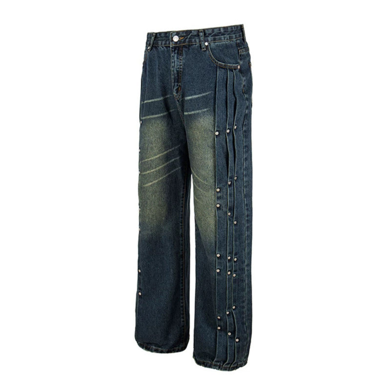 Damen Weite Denim-Jeans mit Druckknopf-Seitenleisten, hoher Taille und Used-Waschung Shop Nory