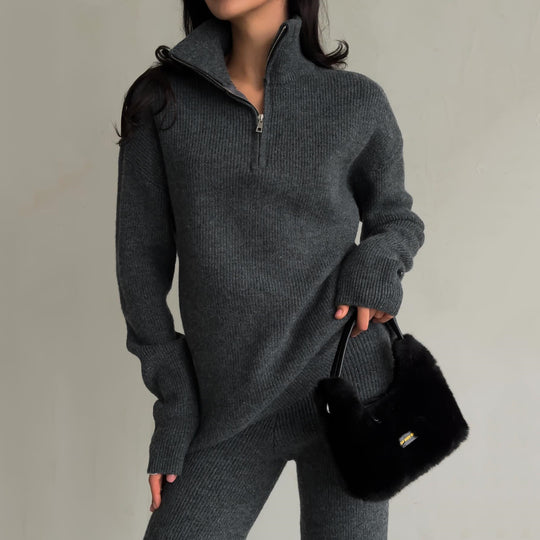 Damen Rippstrick-Loungewear-Set mit Halbzip-Longpullover und High‑Waist-Rippleggings Shop Nory