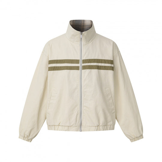 Unisex Kurz geschnittene kastige Blousonjacke mit Stehkragen, doppeltem Streifendetail und kariertem Innenfutter Shop Nory