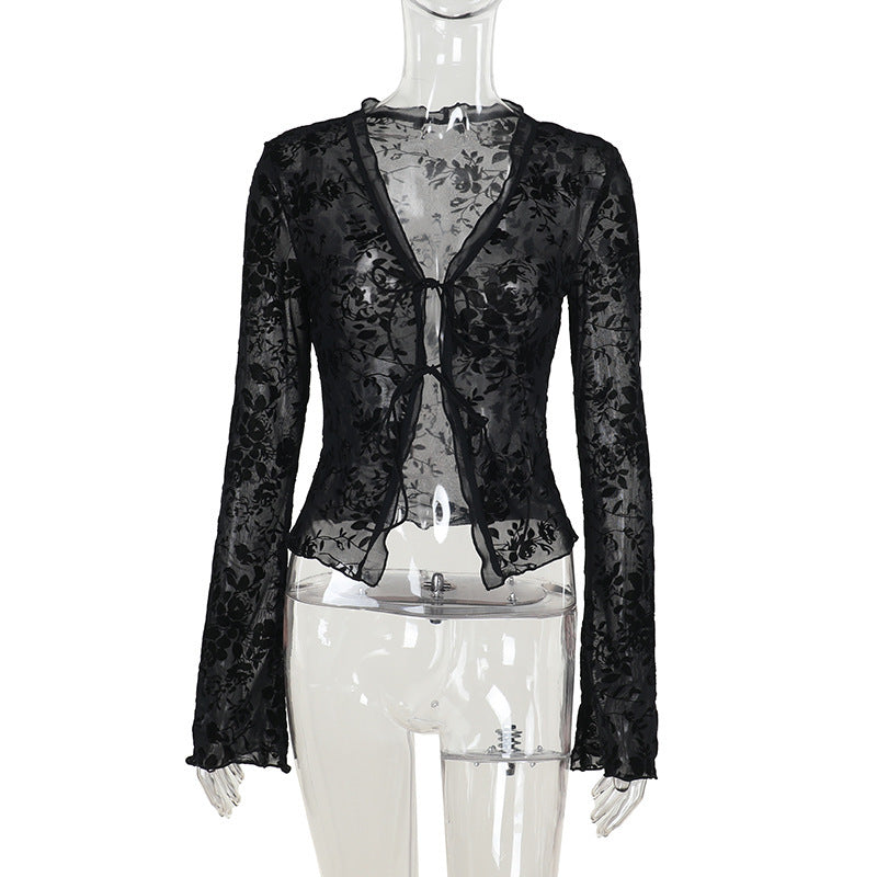 Damen Transparente Spitzenjacke mit floralen Mustern