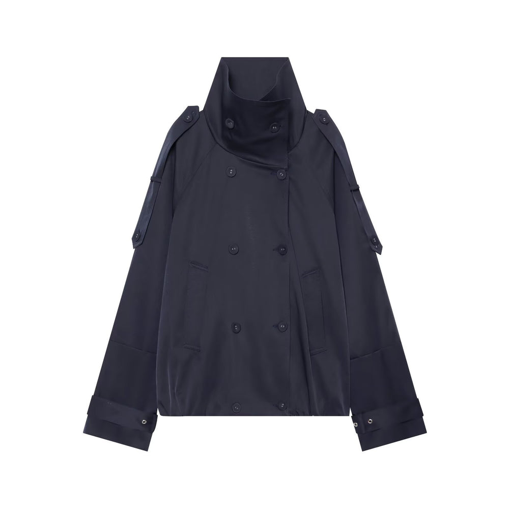 Damen Capeähnlicher Kurzer Doppelreiher-Trench mit hohem Stehkragen und verstellbaren Manschetten Shop Nory