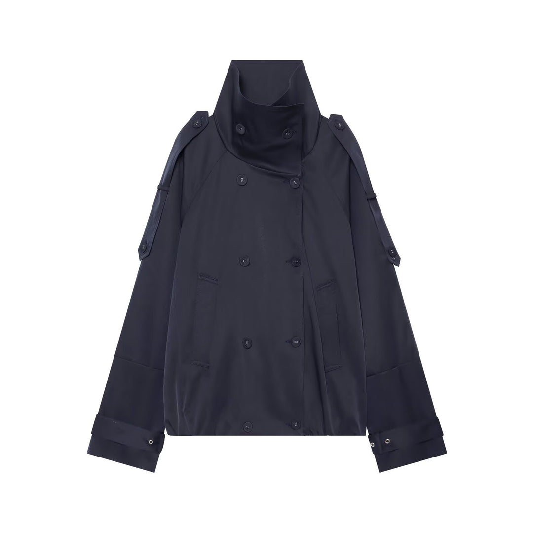 Damen Capeähnlicher Kurzer Doppelreiher-Trench mit hohem Stehkragen und verstellbaren Manschetten Shop Nory
