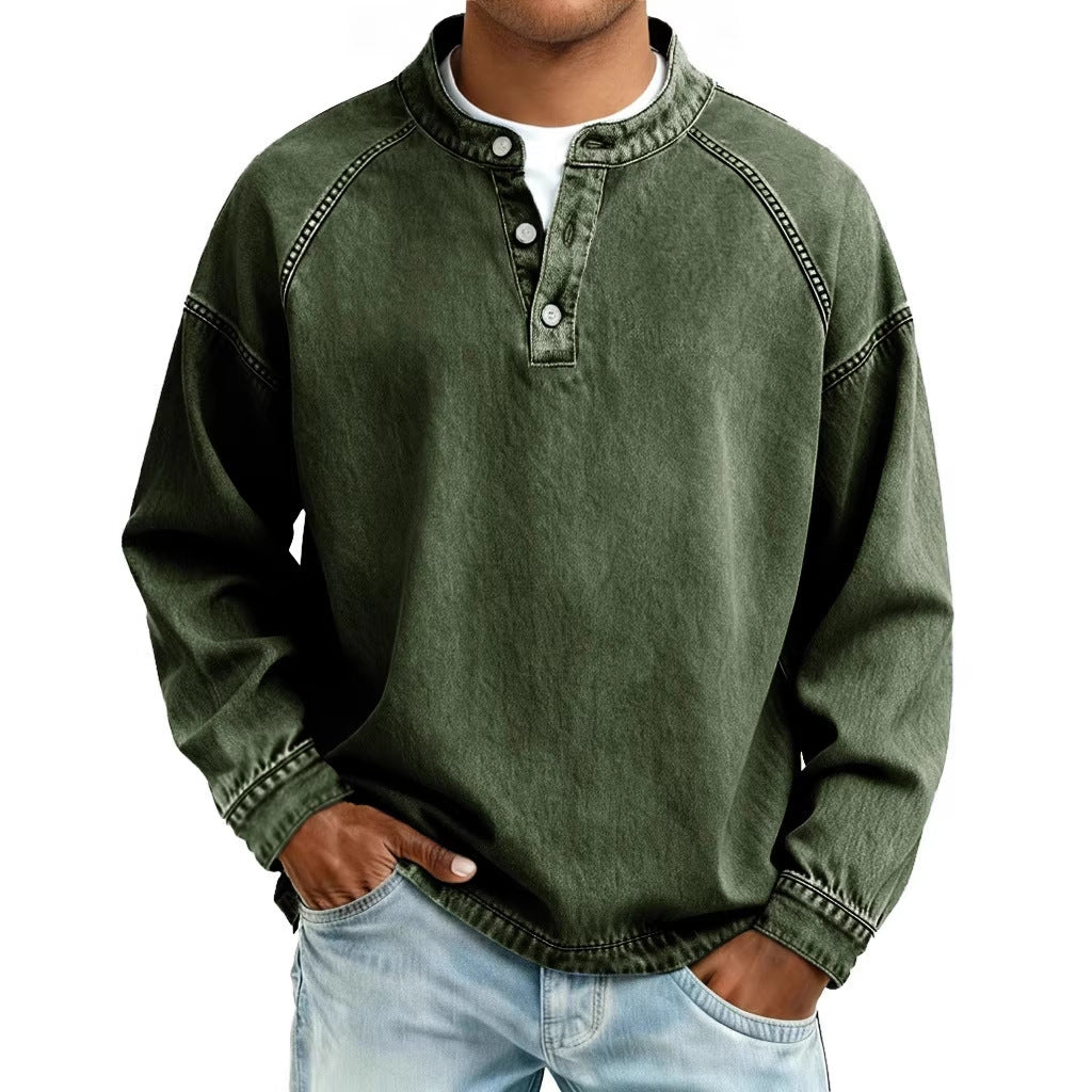 Herren nan verwaschenes Henley-Shirt mit Stehkragen, lockerer Passform und Knopfleiste Shop Nory