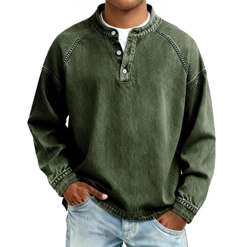 Herren nan verwaschenes Henley-Shirt mit Stehkragen, lockerer Passform und Knopfleiste Shop Nory