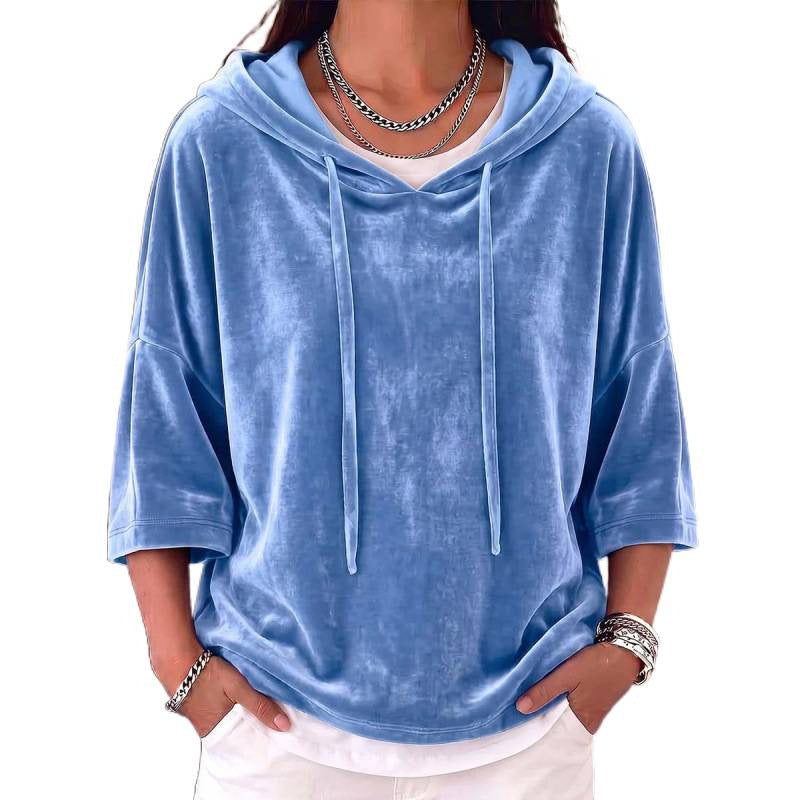 Damen Oversize Samt-Halbarm-Hoodie mit Kordelzug und Taschen Shop Nory
