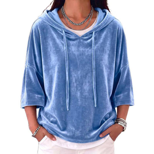 Damen Oversize Samt-Halbarm-Hoodie mit Kordelzug und Taschen Shop Nory