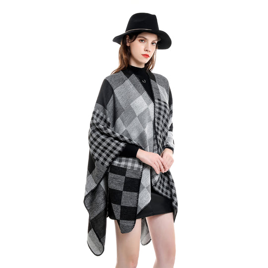 Damen Oversize-Umhang im Karomix aus Wollmix mit Häkelsaum Shop Nory