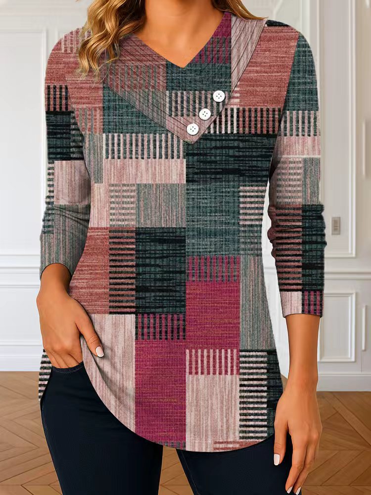 Damen Langarm-Tunika mit asymmetrischem V-Ausschnitt, Zierknopfleiste und kariertem Patchworkmuster Shop Nory