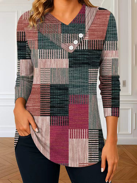 Damen Langarm-Tunika mit asymmetrischem V-Ausschnitt, Zierknopfleiste und kariertem Patchworkmuster Shop Nory