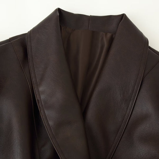 Damen Kurzjacke aus Lederimitat mit langen Kunstfellärmeln und Bindegürtel Shop Nory