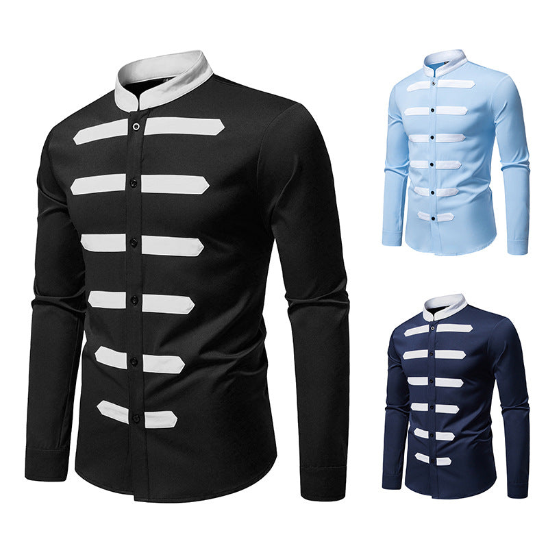 Herren Slim-Fit Hemd mit Stehkragen und dekorativen Paspelstreifen Shop Nory