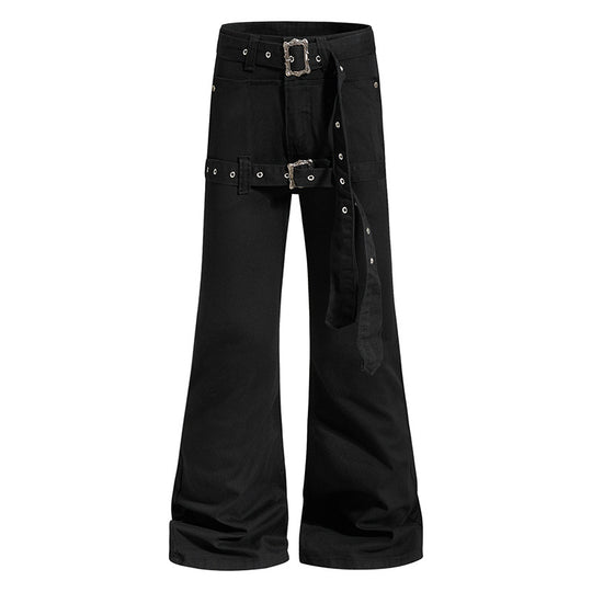 Damen High‑Waist Schlag-Cargohose mit weitem Bein, Doppelgürtel und Metallösen Shop Nory