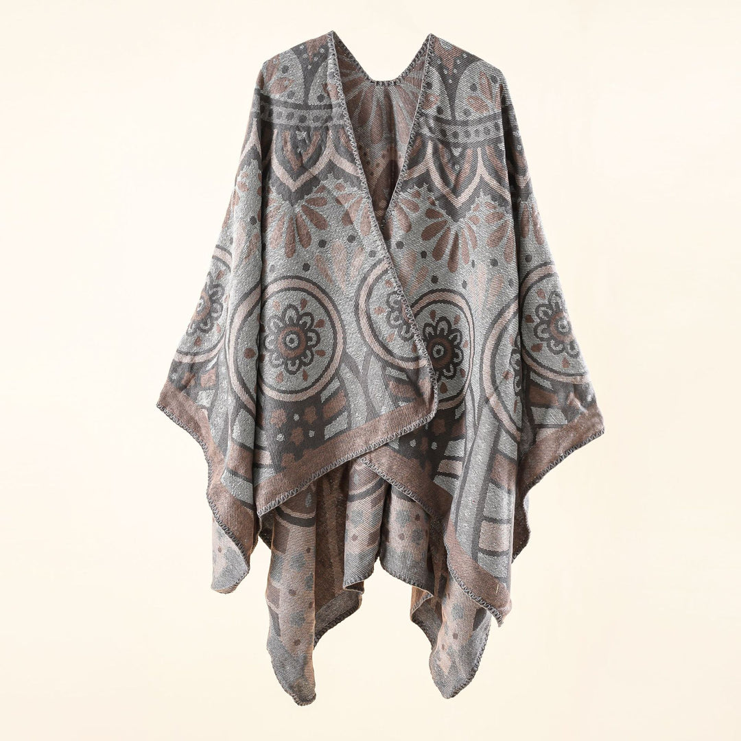 Damen Wollmix-Umhangponcho mit ornamentaler Jacquardstruktur und offenem Fall Shop Nory