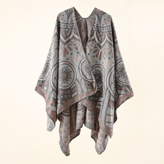 Damen Wollmix-Umhangponcho mit ornamentaler Jacquardstruktur und offenem Fall Shop Nory