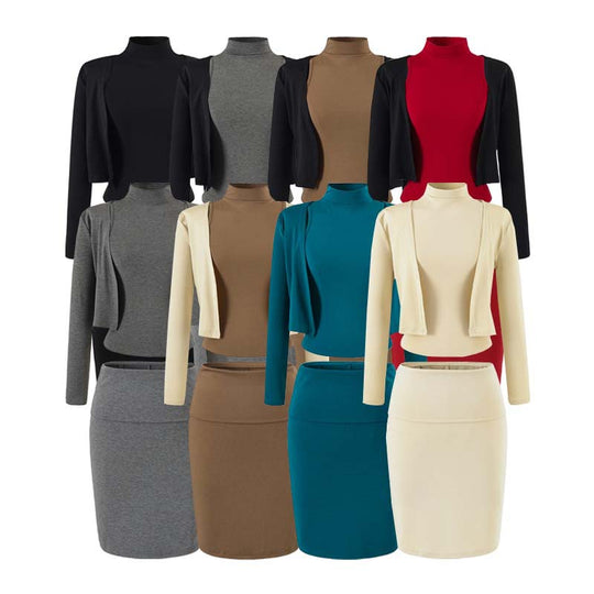 Damen Zweiteiliges Business-Strickset mit Rollkragen-Top, Bolero und Bleistiftrock Shop Nory
