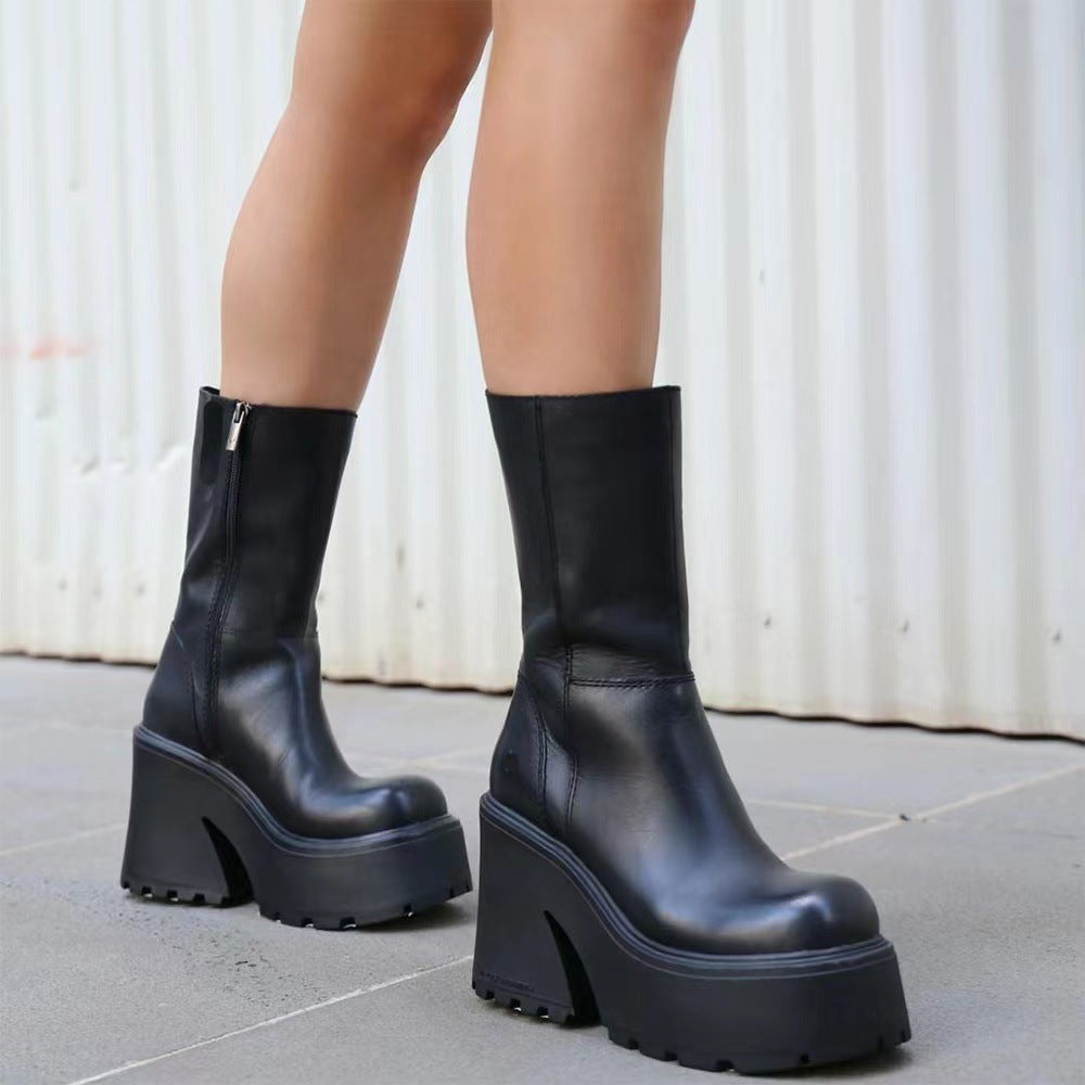 Damen Plateau-Stiefel mit hohem Blockabsatz und modischem Reißverschluss Shopnory