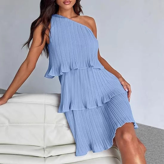 Damen Ärmelloses plissiertes Stufenkleid mit asymmetrischer Schulterpartie Shop Nory
