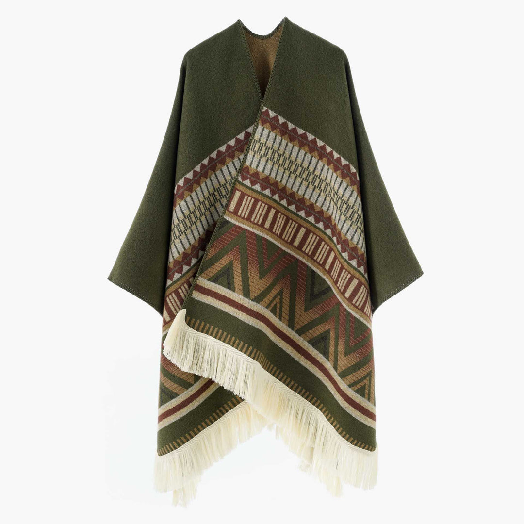 Damen Jacquard‑Ruana mit Fransen und folklorem Muster Shop Nory