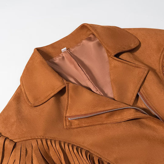 Damen Wildlederoptik Fransenjacke mit Oversized‑Schnitt, Taillengürtel und Statement‑Ärmeln Shop Nory