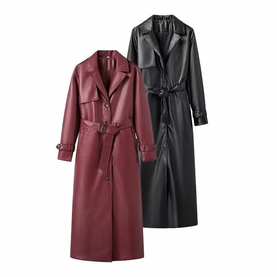 Damen Langer Kunstleder‑Trenchcoat mit Taillengürtel, weitem Revers und wasserabweisender Oberfläche Shop Nory