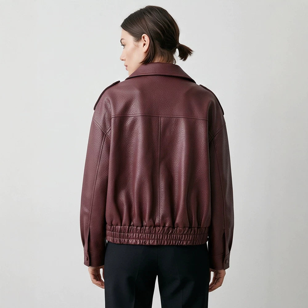Damen Boxy-Lederimitat-Blouson mit strukturierter Narbung, doppelreihiger Knopfleiste & elastischem Saum Shop Nory