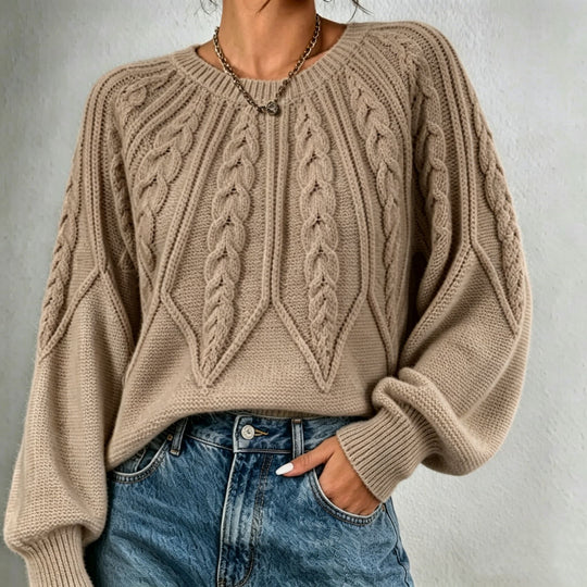 Damen kurzgeschnitteter Grobstrick-Zopfpullover mit Ballonärmeln Shop Nory
