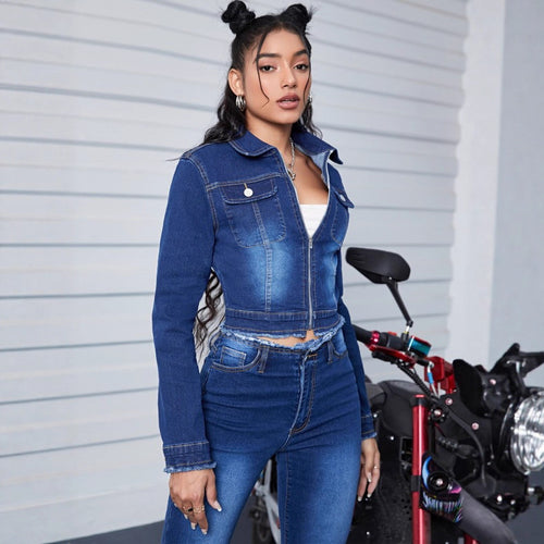 Damen Kurze taillenlange Jeansjacke mit Reißverschluss und ausgefranstem Bund Shop Nory