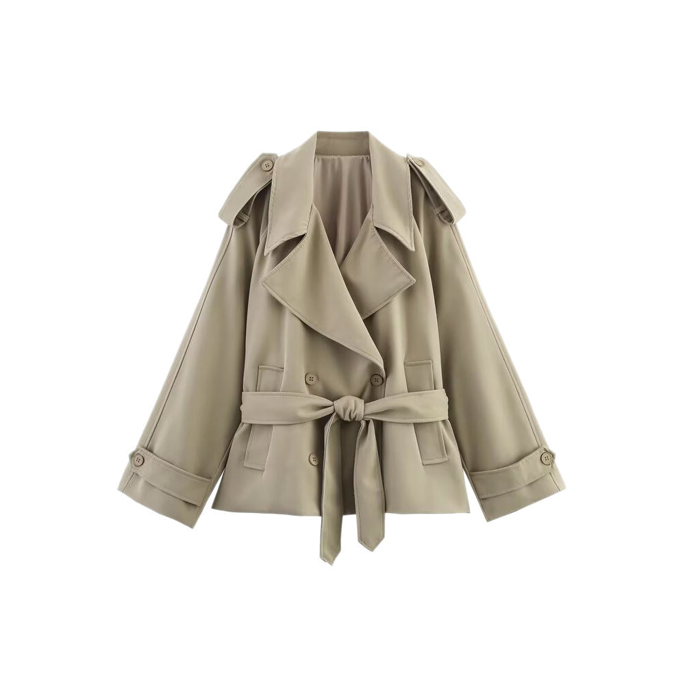 Damen Kurzer Trenchcoat mit Bindegürtel und Cape-Ärmeln Shop Nory