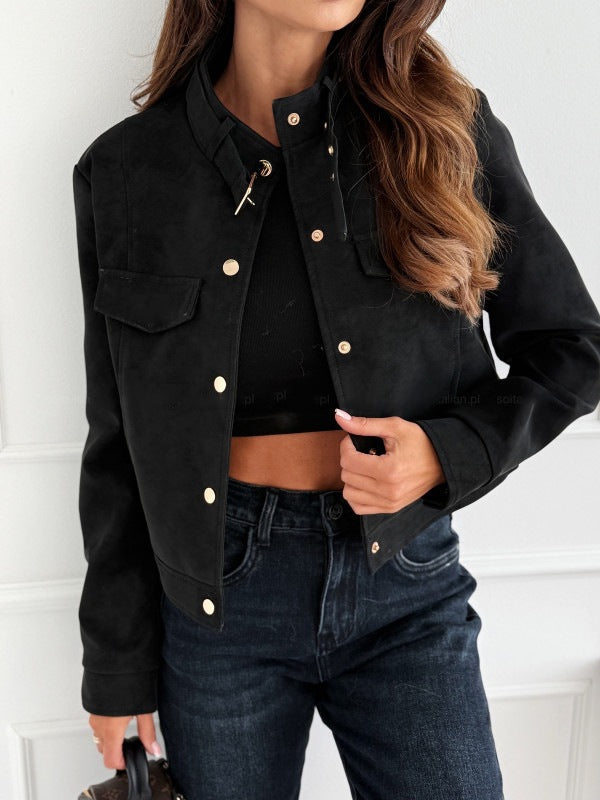 Damen elegante Jacke aus weichem Wildleder mit Knopfdetails