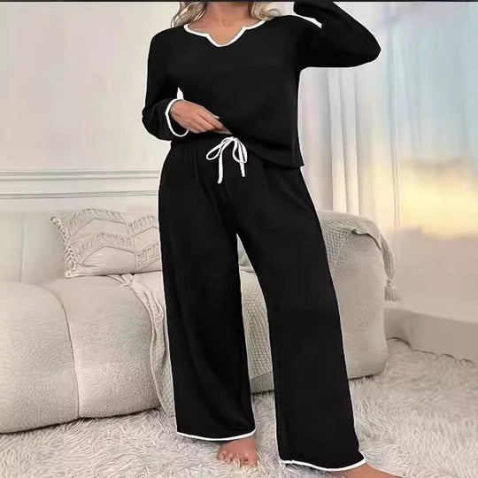 Damen Zweiteiliges Lounge-Set aus weichem Jersey mit V‑Ausschnitt, Langarm-Oberteil und weitem Palazzohosenbein Shop Nory