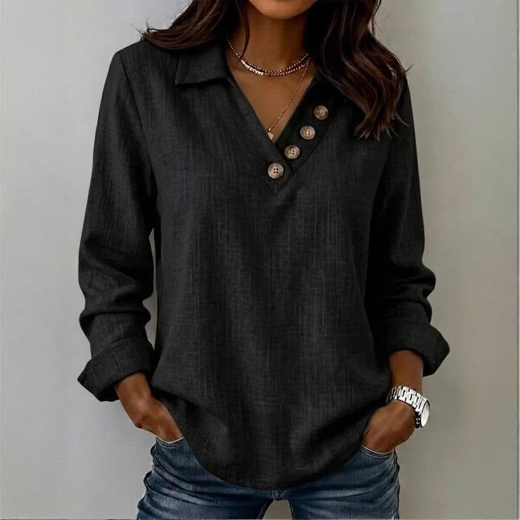 Damen Lässiges V-Ausschnitt-Blusenshirt mit Hemdkragen und asymmetrischer Zierknopfleiste Shop Nory