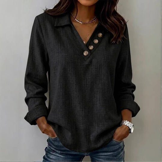 Damen Lässiges V-Ausschnitt-Blusenshirt mit Hemdkragen und asymmetrischer Zierknopfleiste Shop Nory