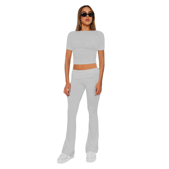 Figurbetonendes Damen-Crop-Set aus Stretch-Jersey mit hoch taillierten, ausgestellt Hosen Shop Nory