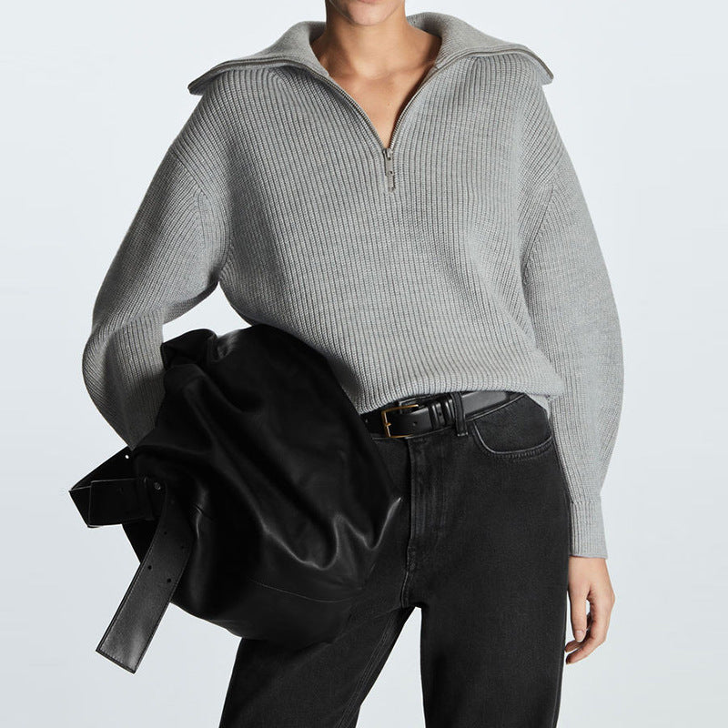 Damen Gestreifter Half‑Zip Strickpullover mit Matrosenkragen und überschnittener Schulter Shop Nory