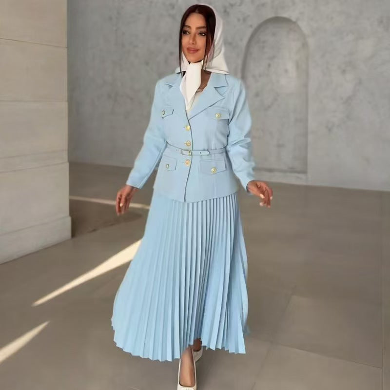 Damen Taillierter Blazer mit Gürtel und Plissierter Maxirock Set Shop Nory