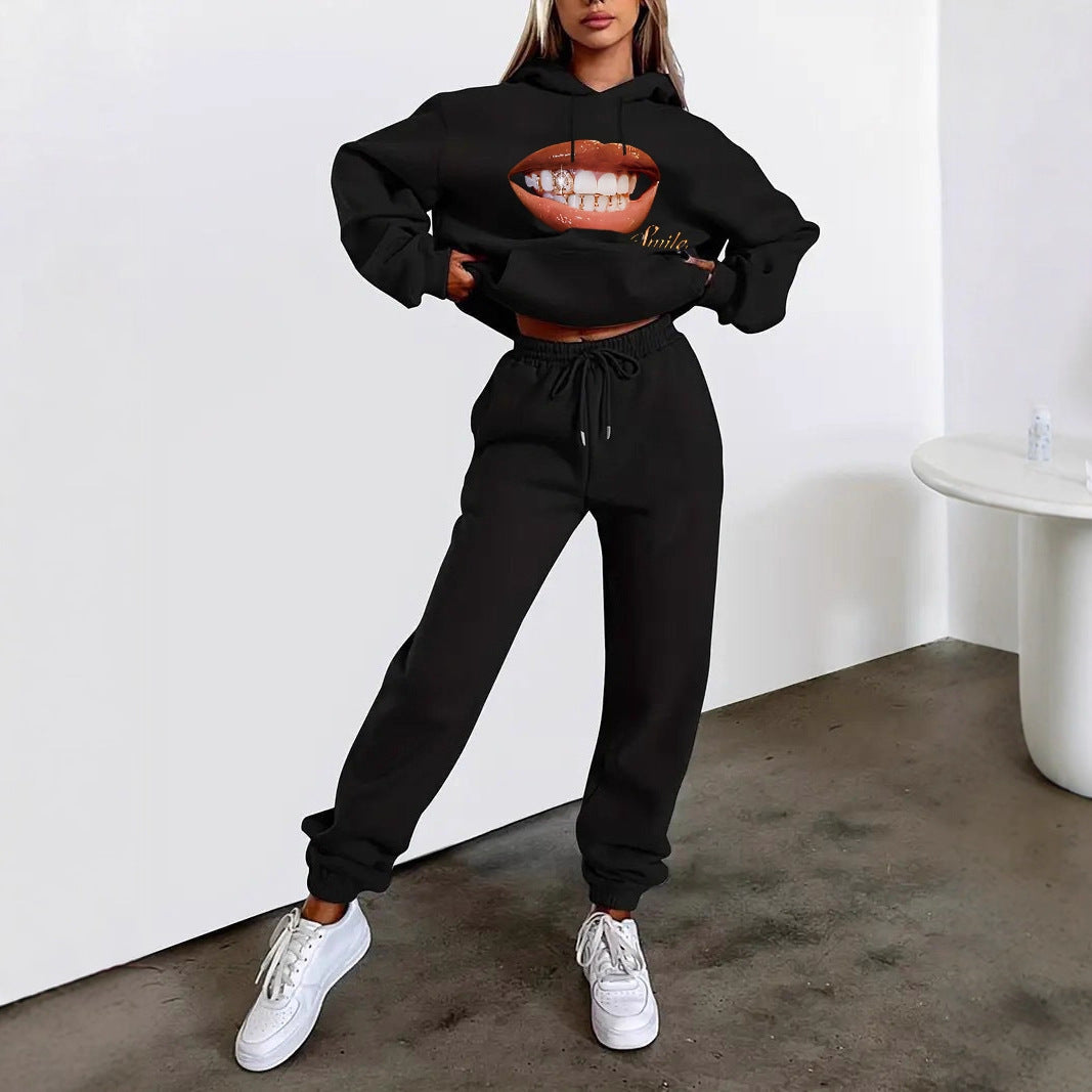 Damen nan Hoodie- und Jogginghose-Set mit Kapuze, Kängurutasche, elastischem Bund und auffälligem Lippen-Statementprint Shop Nory
