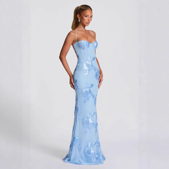 Damen figurbetontes Abendkleid mit floralem Stickdesign und hochwertigem Stoff