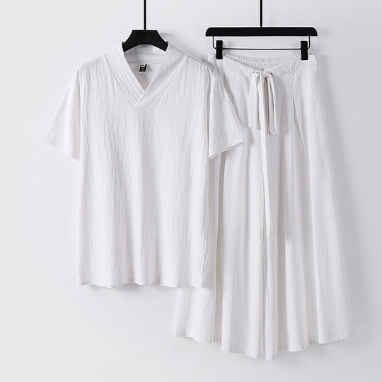 Damen Leichtes Loungewear-Set mit V-Ausschnitt-Shirt und weit schwingendem Midirock mit Kordelzug Shop Nory