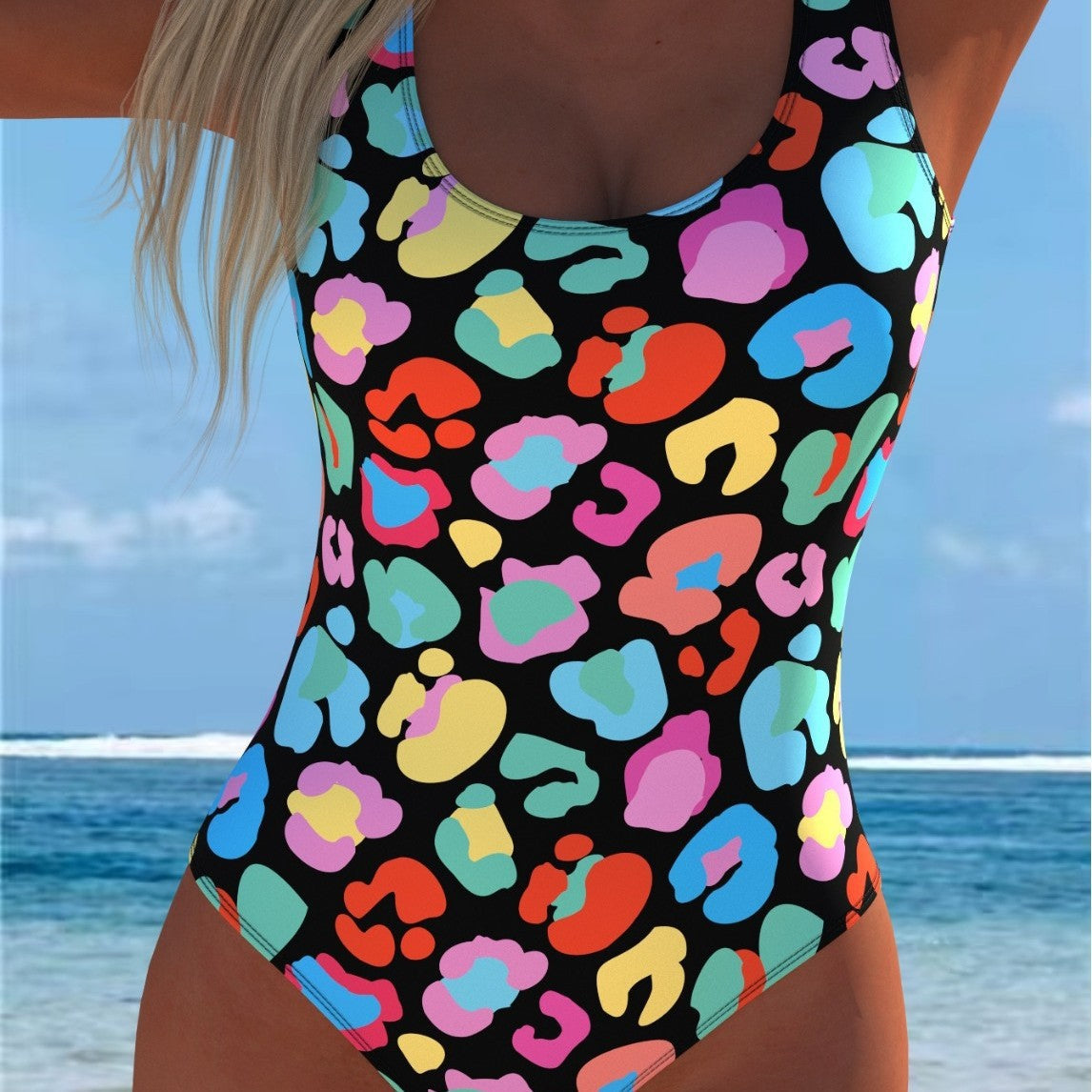 Damen einteiliger Badeanzug mit buntem Leopardenmuster und sportlichem Schnitt Shopnory