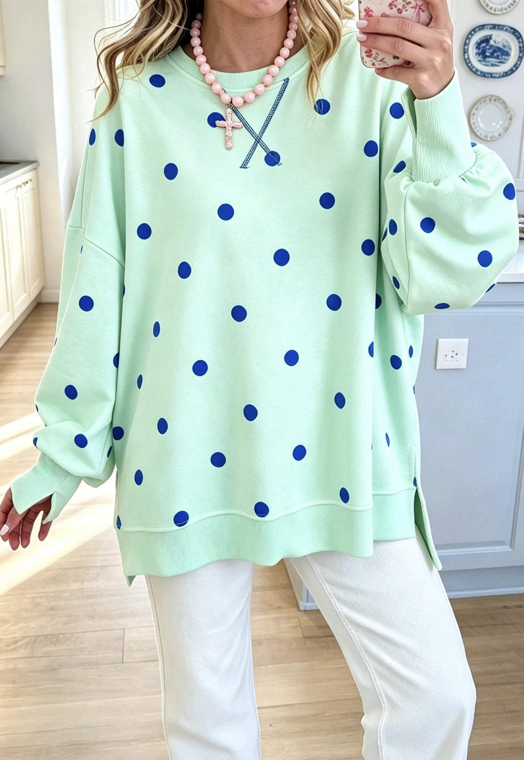 Damen Oversize-Sweatshirt mit Puffärmeln, Polka-Dots und Seitenschlitzen Shop Nory