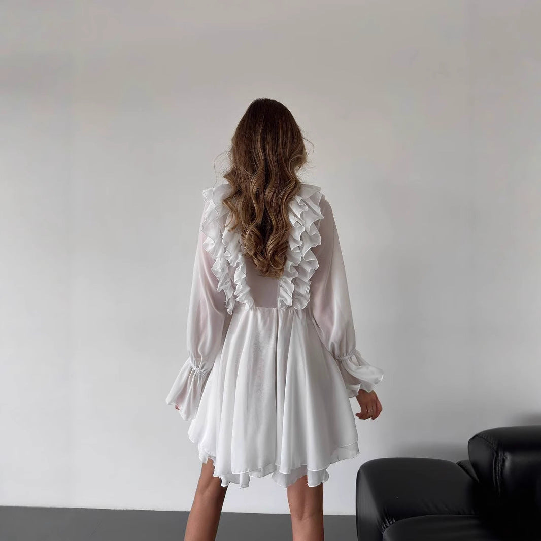 Damen Chiffon-Minikleid mit Volants, tiefem V-Ausschnitt und Ballonärmeln Shop Nory