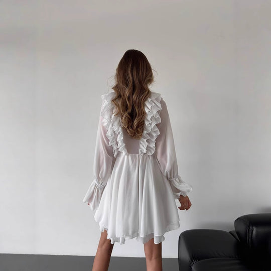 Damen Chiffon-Minikleid mit Volants, tiefem V-Ausschnitt und Ballonärmeln Shop Nory