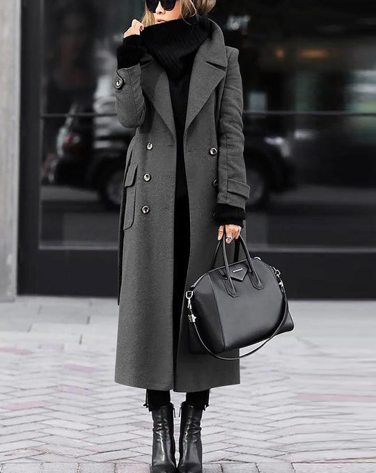 Damen nan eleganter Maxi-Wollmixmantel mit doppelreihiger Knopfleiste, weitem Reverskragen und aufgesetzten Taschenklappen Shop Nory