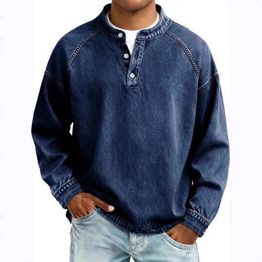 Herren nan verwaschenes Henley-Shirt mit Stehkragen, lockerer Passform und Knopfleiste Shop Nory